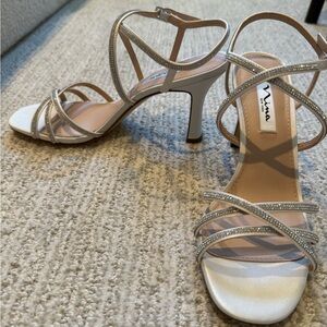Nina Ivory Metallic Strappy Heels with Rhinestones